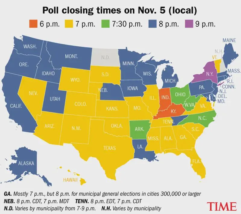 A color-coded map of the United States showing local polling station closing times on November 5, with states shaded in…