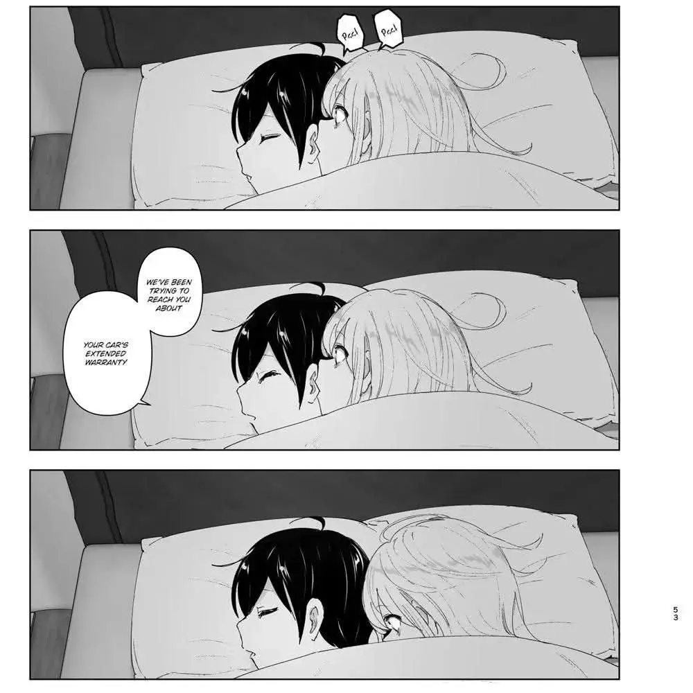 A three-panel black-and-white manga strip shows two anime characters sleeping in bed. In the first panel, they are asleep…