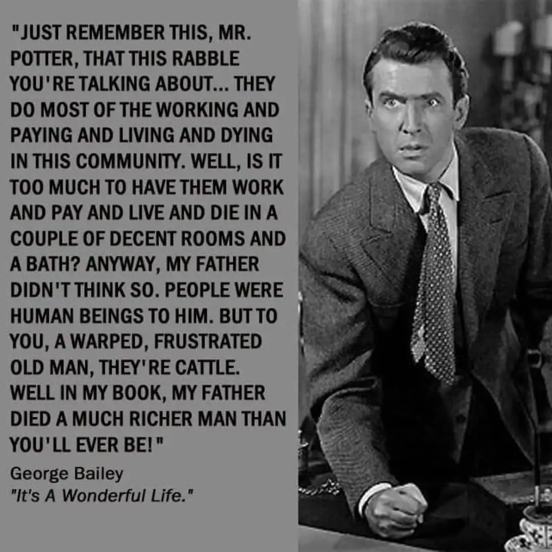 A black-and-white still of George Bailey from 'It's a Wonderful Life' looking shocked and angry, with a long quote from his…