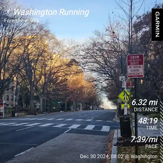 A screenshot from a Garmin Forerunner 955 running app showing a 6.32-mile run in Washington on December 30, 2024, with a…