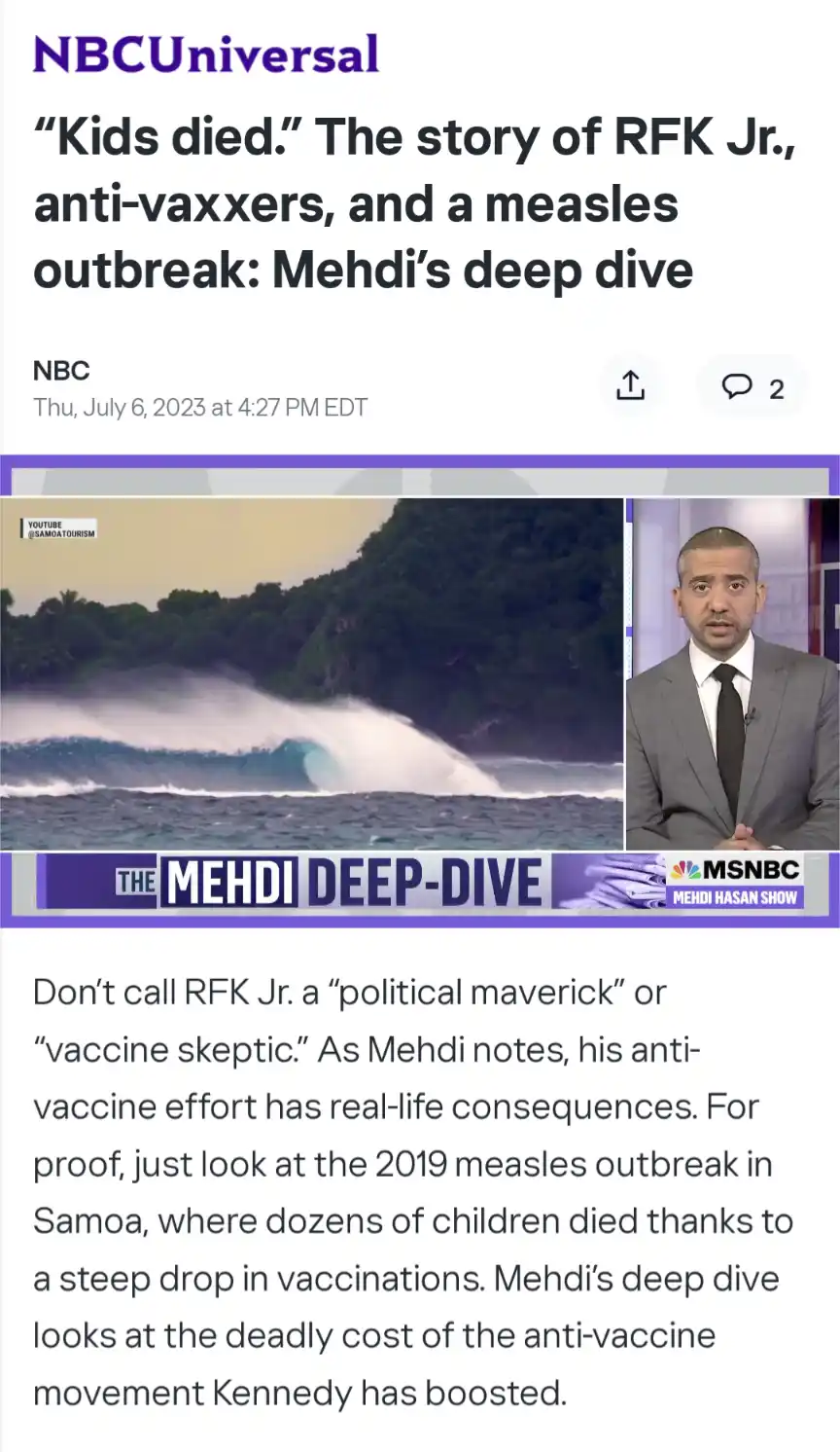 A screenshot of an MSNBC news article titled 'Kids died. The story of RFK Jr., anti-vaxxers, and a measles outbreak: Mehdi's…