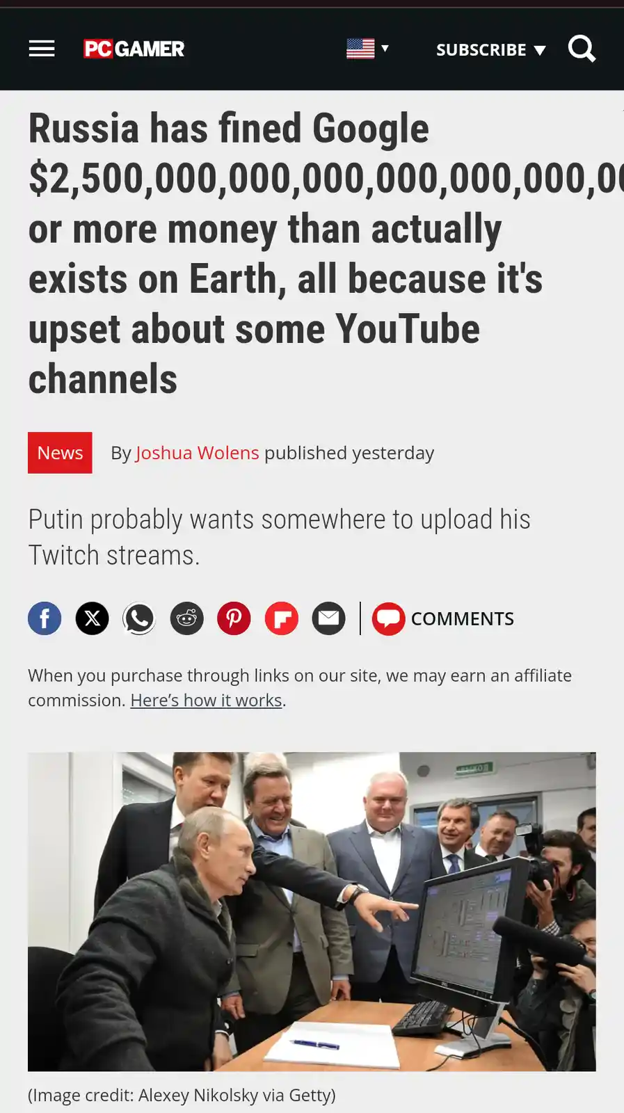 A screenshot of a PC Gamer article with a headline claiming Russia fined Google an absurdly large amount of money over…