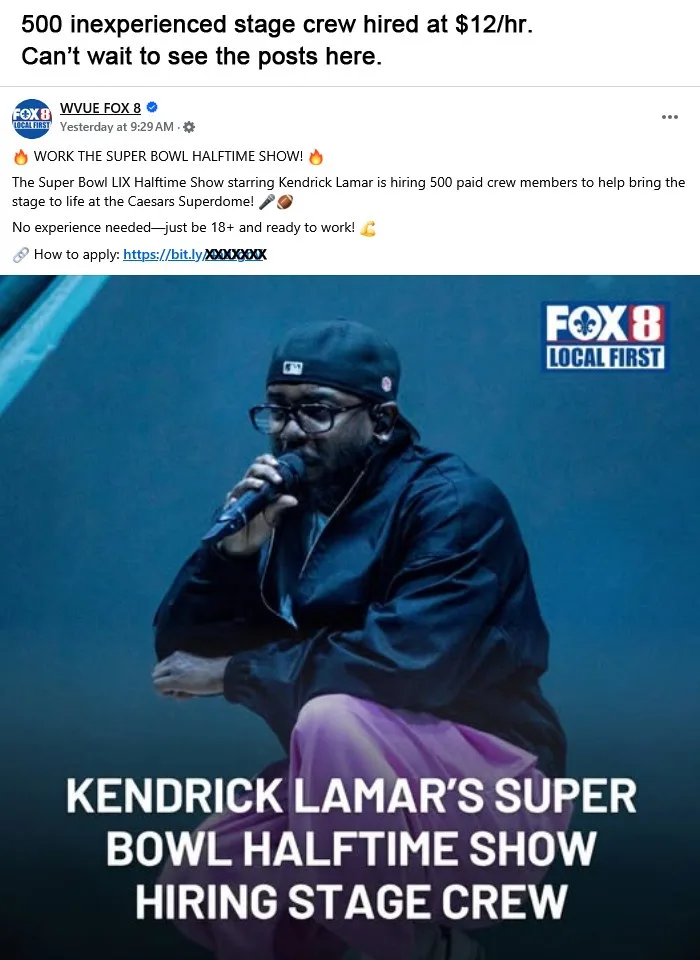 A screenshot of a WVUE FOX 8 social media post announcing that Kendrick Lamar's Super Bowl LIX halftime show is hiring 500…