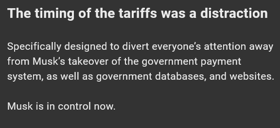 A dark gray background with white text in three paragraphs. The top paragraph reads 'The timing of the tariffs was a…