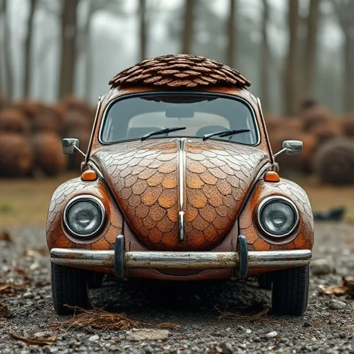 a rusted, vintage Volkswagen Beetle is covered in brown, overlapping scales resembling dragon skin, with a matching scaled…