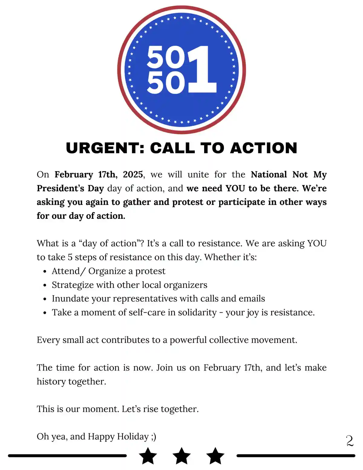 A mock political flyer titled 'URGENT: CALL TO ACTION' features a blue circular logo with '501' in white text surrounded by…
