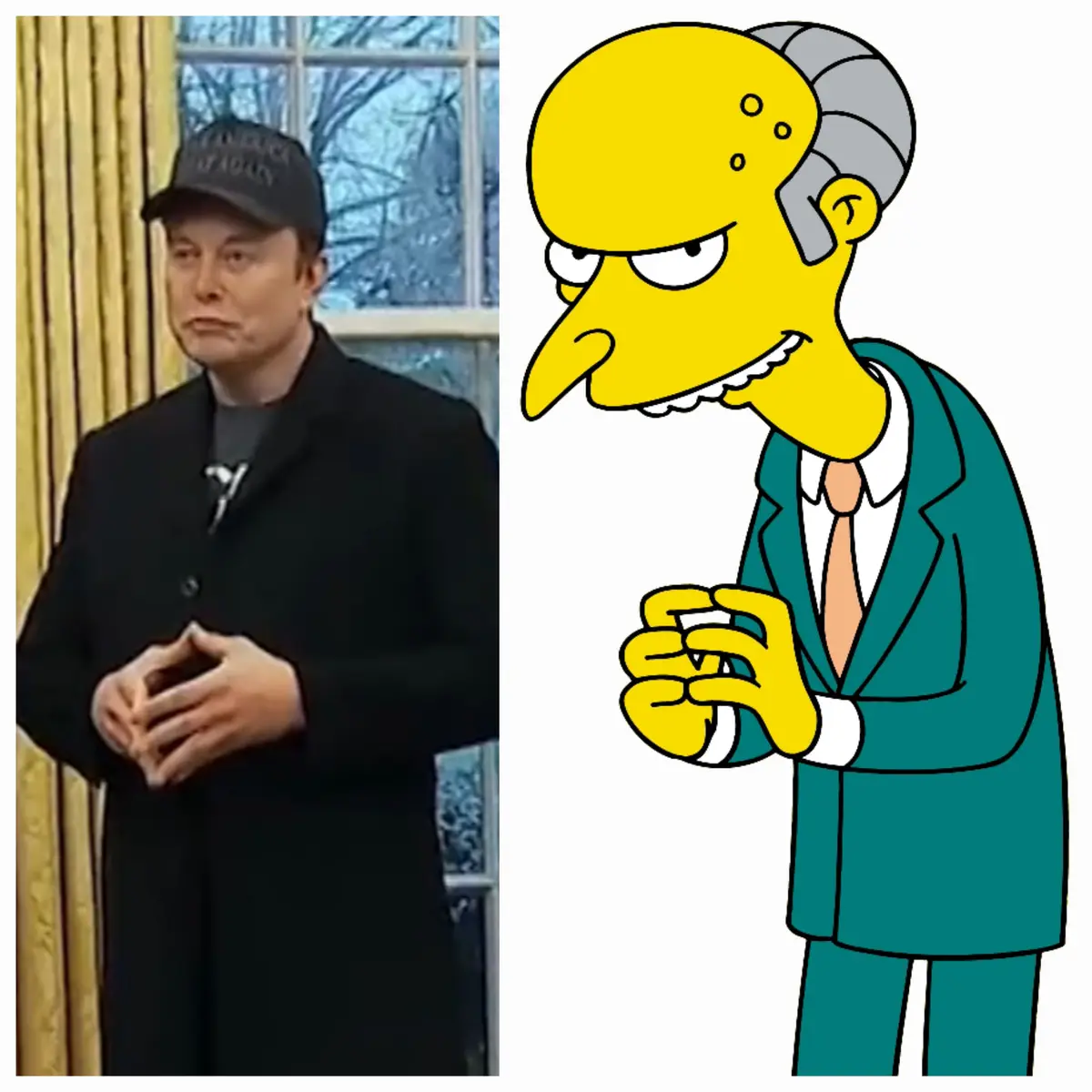 The image is a side-by-side comparison: on the left, a man in a black coat and cap with a serious expression, and on the…
