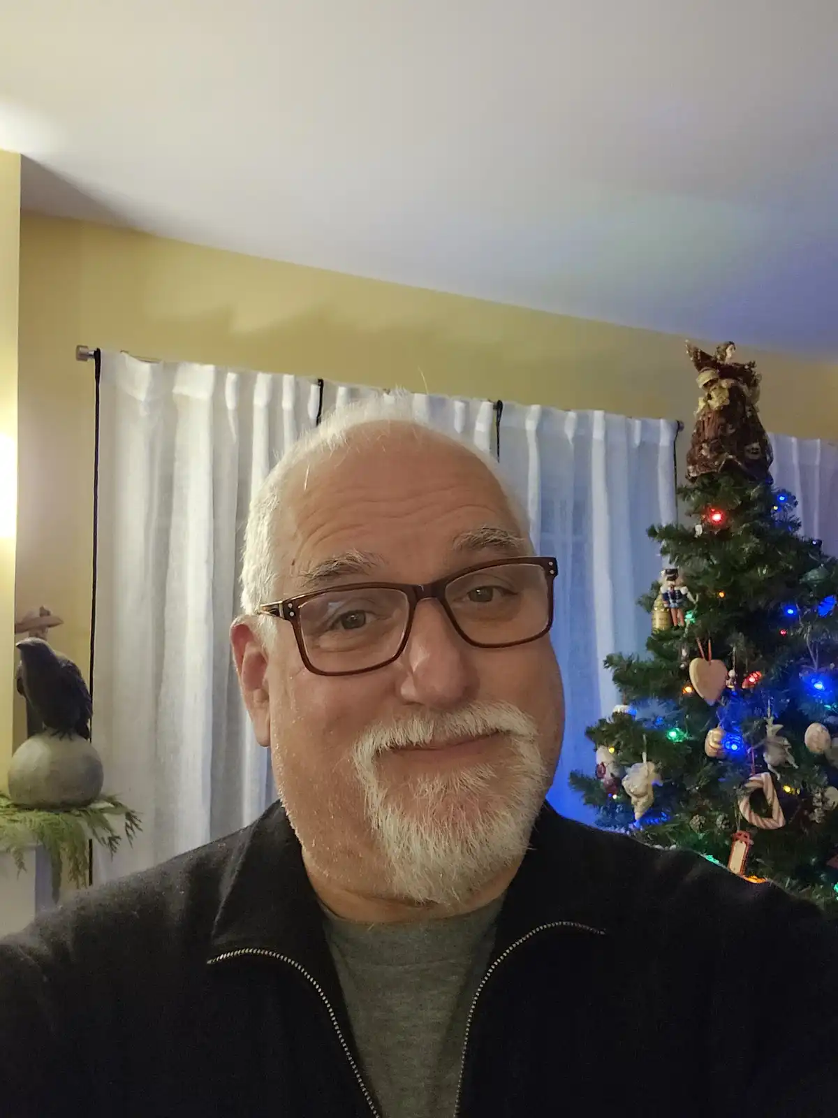 A man with white hair, glasses, and a goatee smiles at the camera while standing in front of a decorated Christmas tree with…