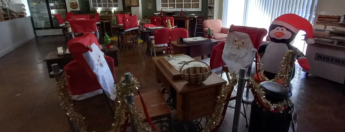 Check out my friend's bakery in North Carolina! Those vintage sewing machines make the perfect tables. It's all about the Holiday Spirit!