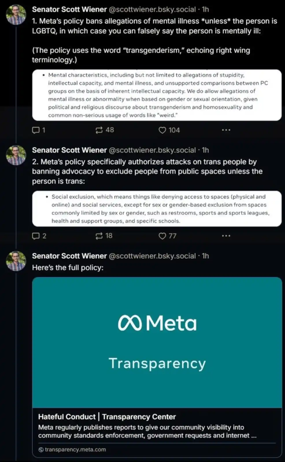 A screenshot of a social media post by Senator Scott Wiener detailing Meta's controversial community guidelines, which…
