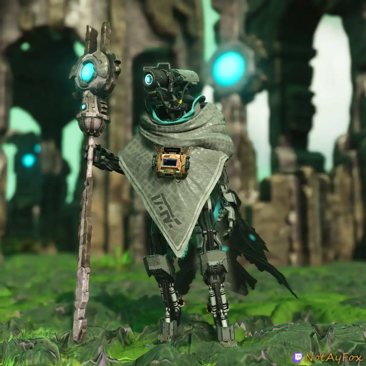A robotic figure with a camera for a head, wearing a grey cloth draped over its shoulders, stands in a lush green landscape…