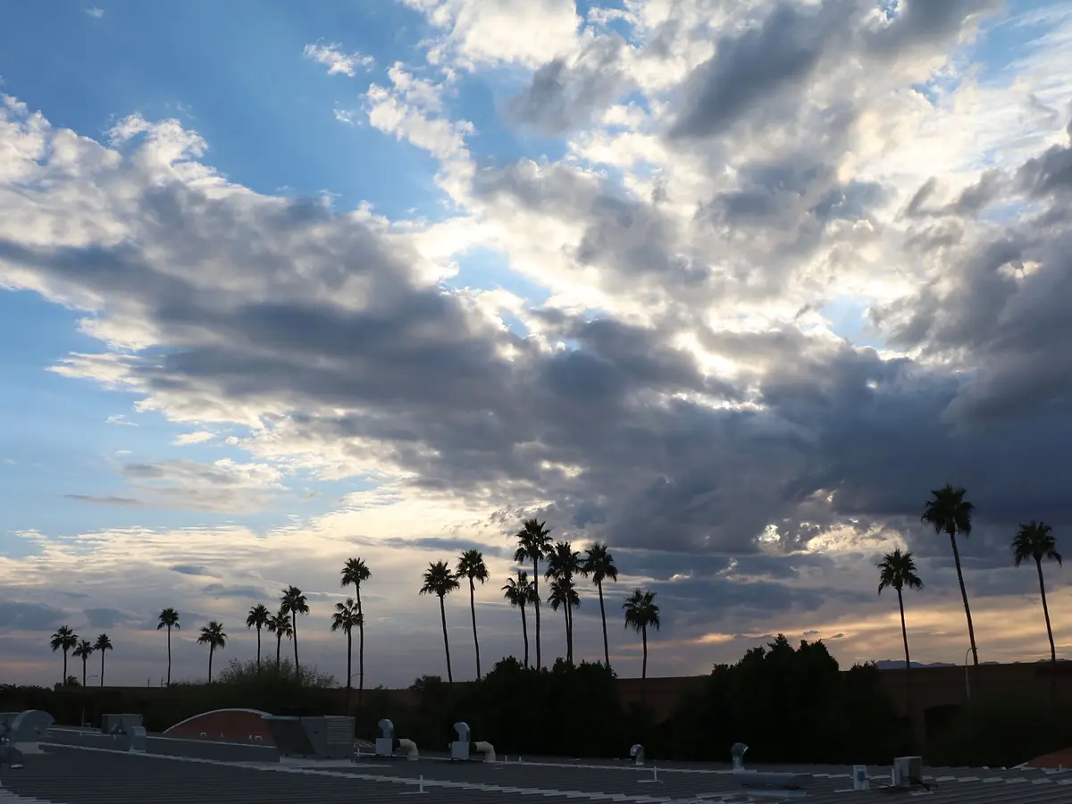 A scenic photo of a dramatic sky with scattered clouds over a rooftop, silhouetted palm trees, and distant buildings. The…