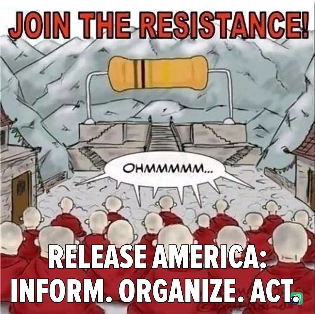 A cartoon depicts a crowd of bald monks in red robes facing a large yellow resistor mounted on a stone platform in a…