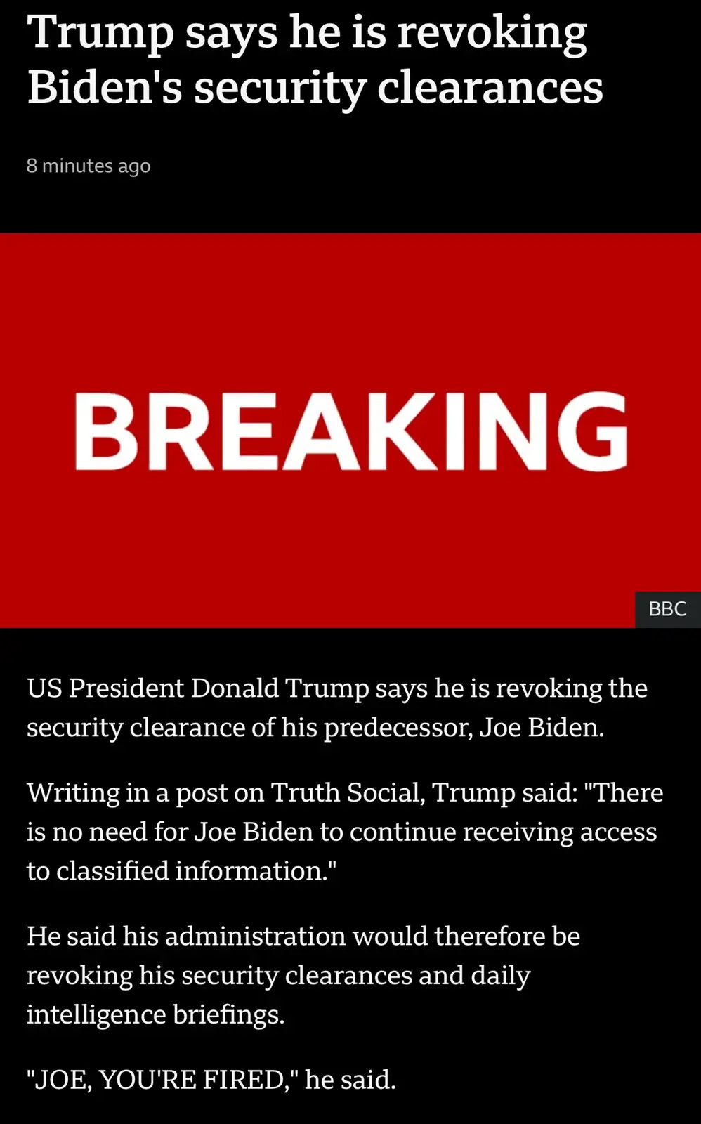 A screenshot of a BBC news article with a red 'BREAKING' banner, reporting that Donald Trump claims to be revoking Joe…