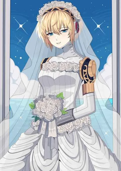 An anime-style blonde woman in a white wedding dress and veil stands against a starry sky backdrop, holding a bouquet of…