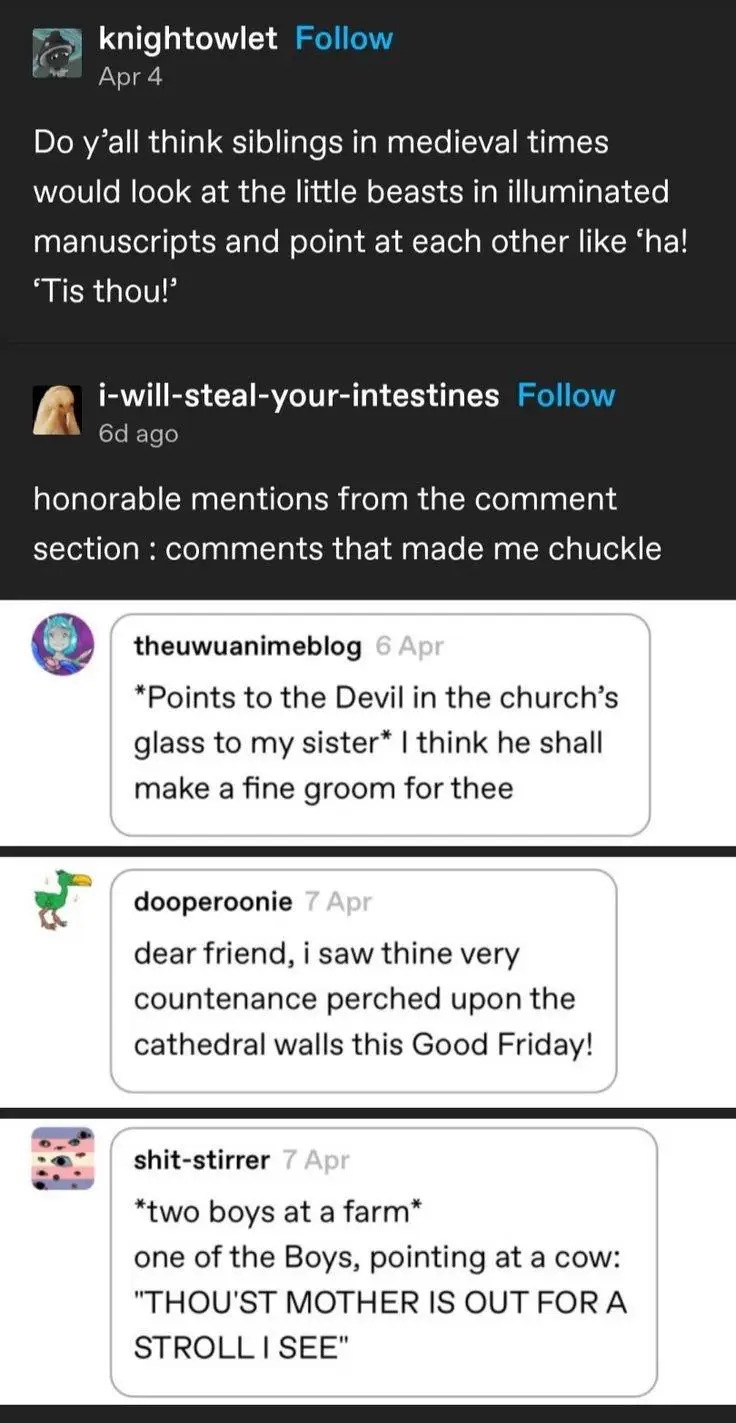 A screenshot of a Reddit thread where a user asks if medieval siblings would point at creatures in illuminated manuscripts…