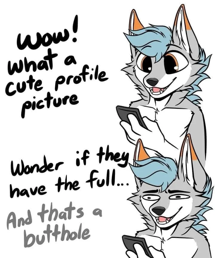 A cartoon wolf with blue-tipped hair looks at a phone, thinking 'Wow! What a cute profile picture'. The same wolf, in a…