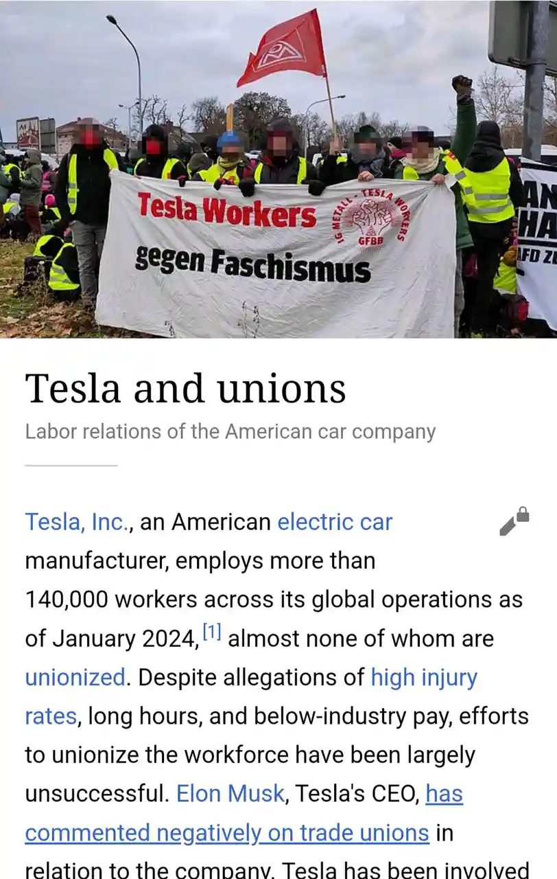 A protest image shows workers in yellow vests holding a banner that reads 'Tesla Workers gegen Faschismus' (Tesla Workers…
