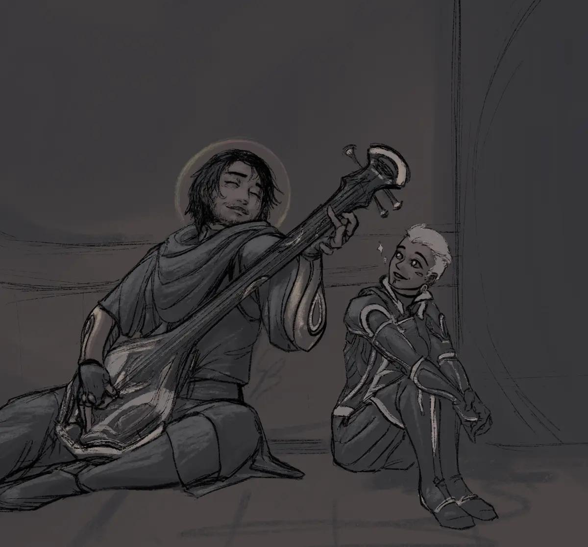 A grayscale sketch shows a person with a halo sitting cross-legged, playing a large bass instrument with a serene…