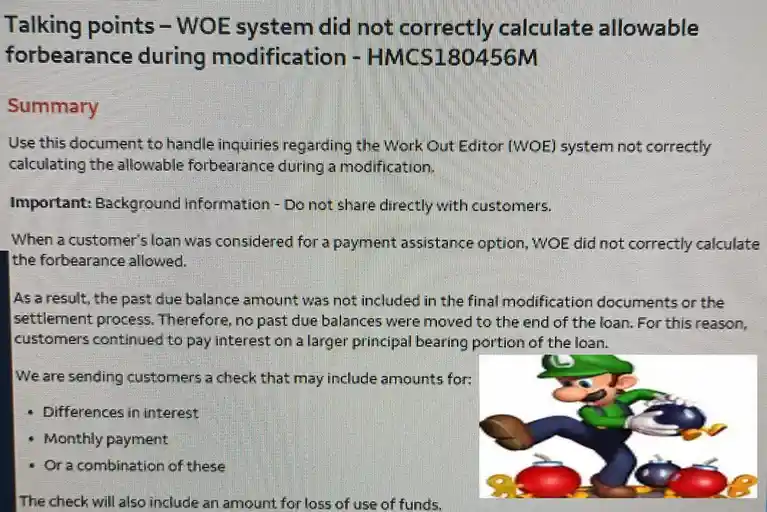 A screenshot of a technical document titled 'Talking points – WOE system did not correctly calculate allowable forbearance…