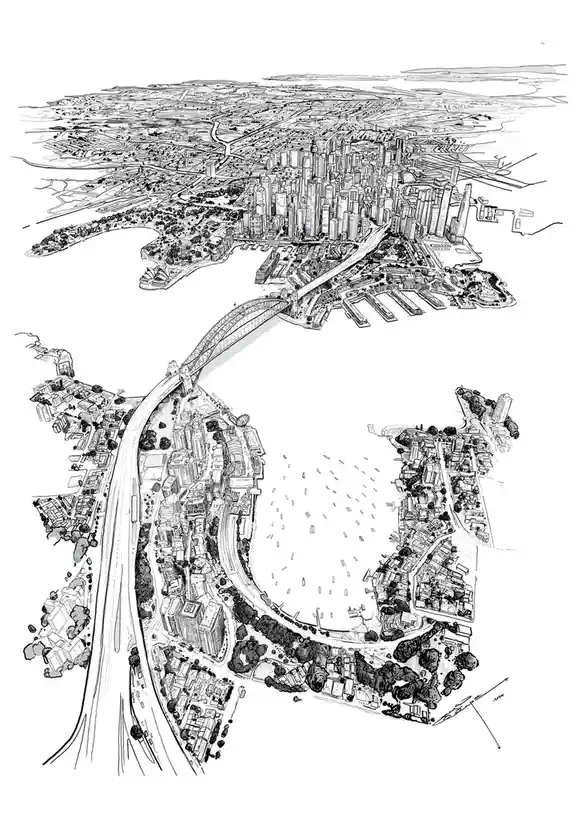 A black-and-white line drawing depicts a cityscape split into two distinct halves by a large bridge. The top half shows a…