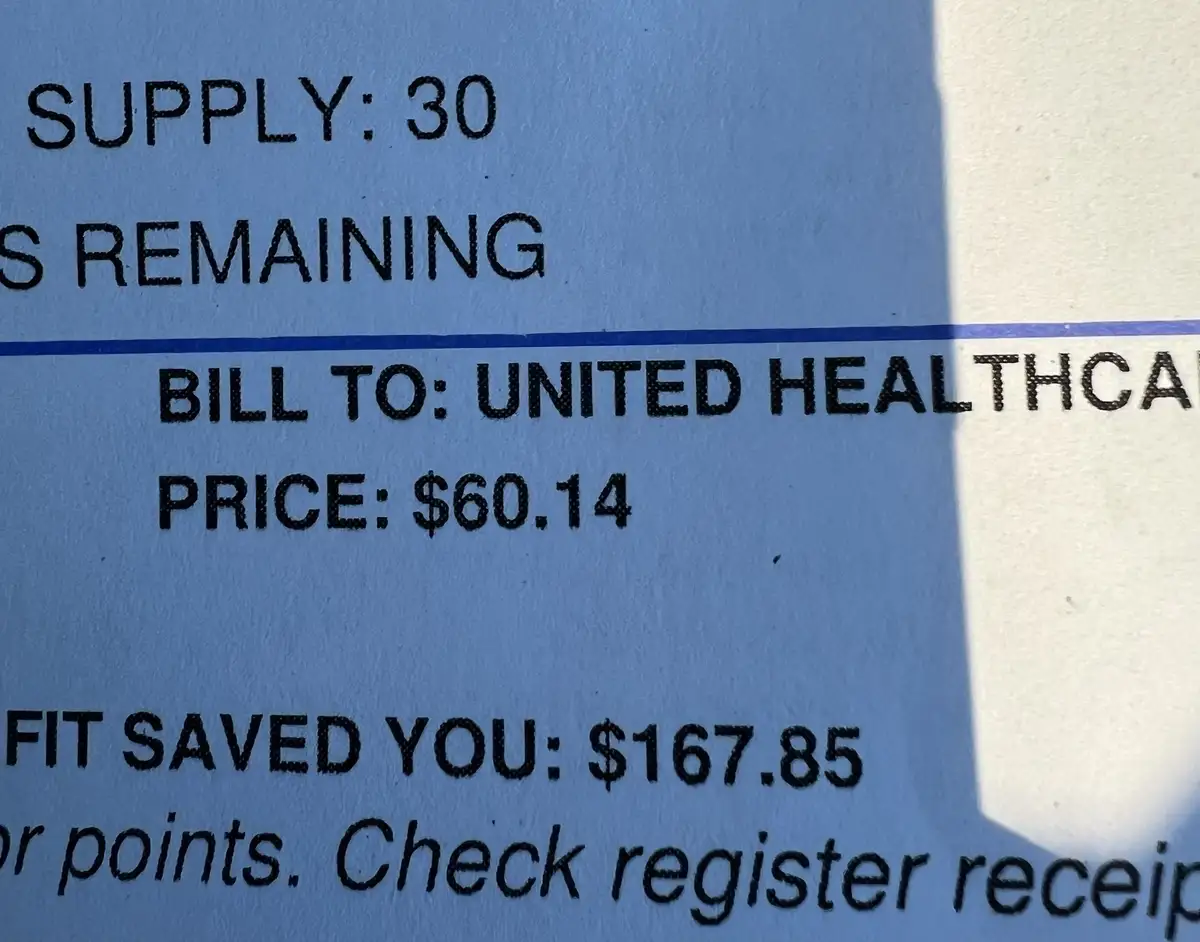 A close-up of a printed receipt shows 'SUPPLY: 30 S REMAINING', 'BILL TO: UNITED HEALTHCA', 'PRICE: $60.14', and 'FIT SAVED…