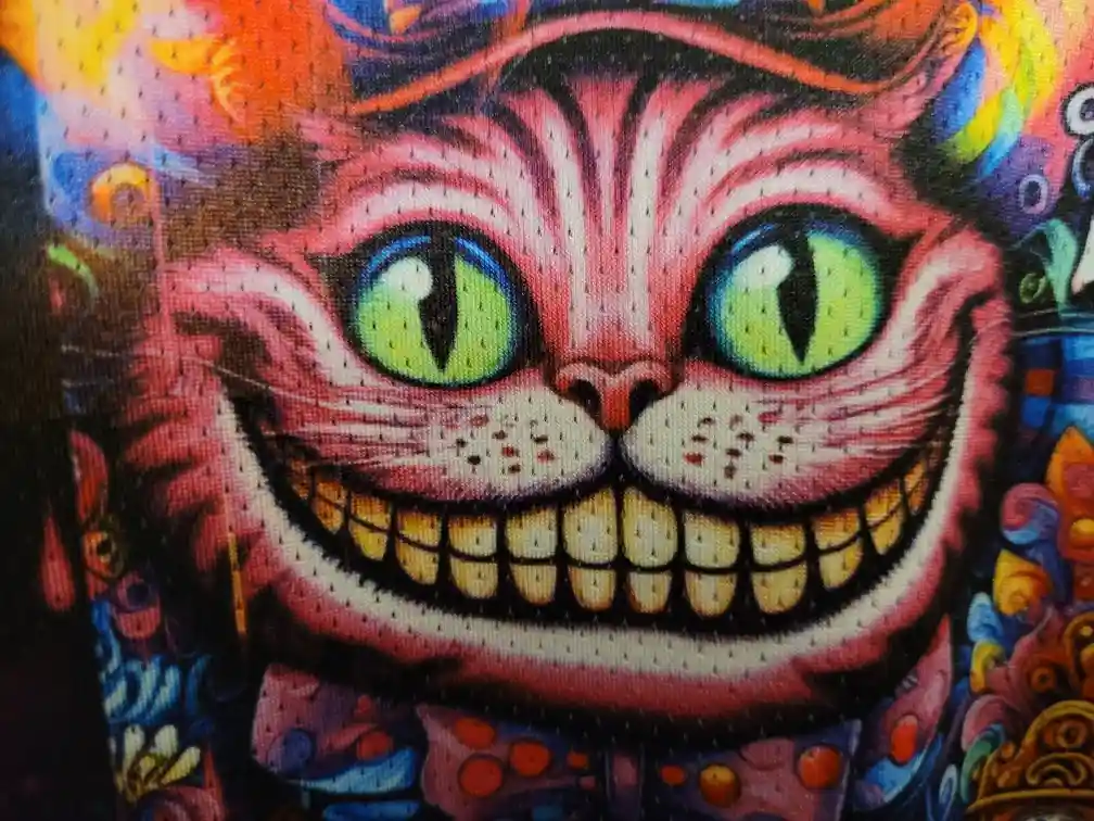 A close-up of a stylized, colorful painting of the Cheshire Cat from Alice in Wonderland, featuring its wide, toothy grin…