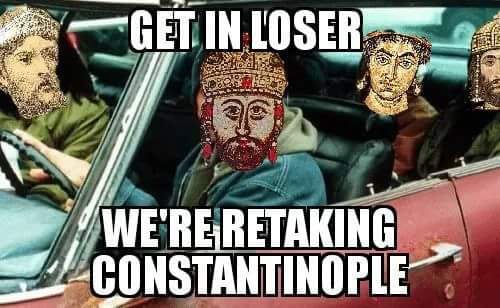 Four people are in a red convertible car, each with a pixelated medieval emperor's face superimposed over their head. The…