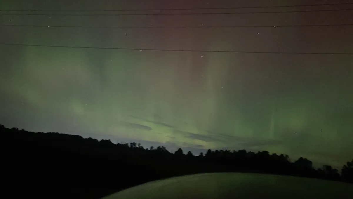 A night sky view from inside a car, showing faint green auroras dancing above a dark treeline, with power lines visible…