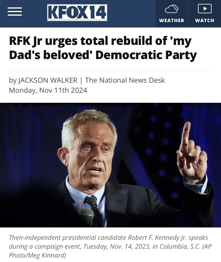 A screenshot of a KFOX14 news article headline reading 'RFK Jr urges total rebuild of 'my Dad's beloved' Democratic Party'…