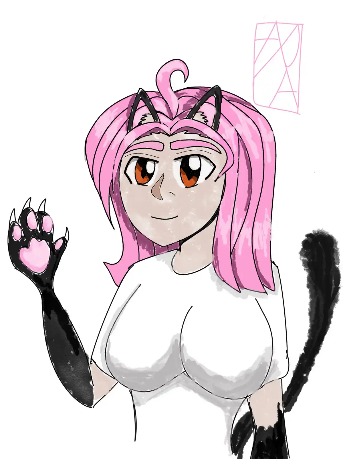 An anime-style drawing of a pink-haired girl with cat ears, a black tail, and a black paw with a pink heart pad, waving. A…