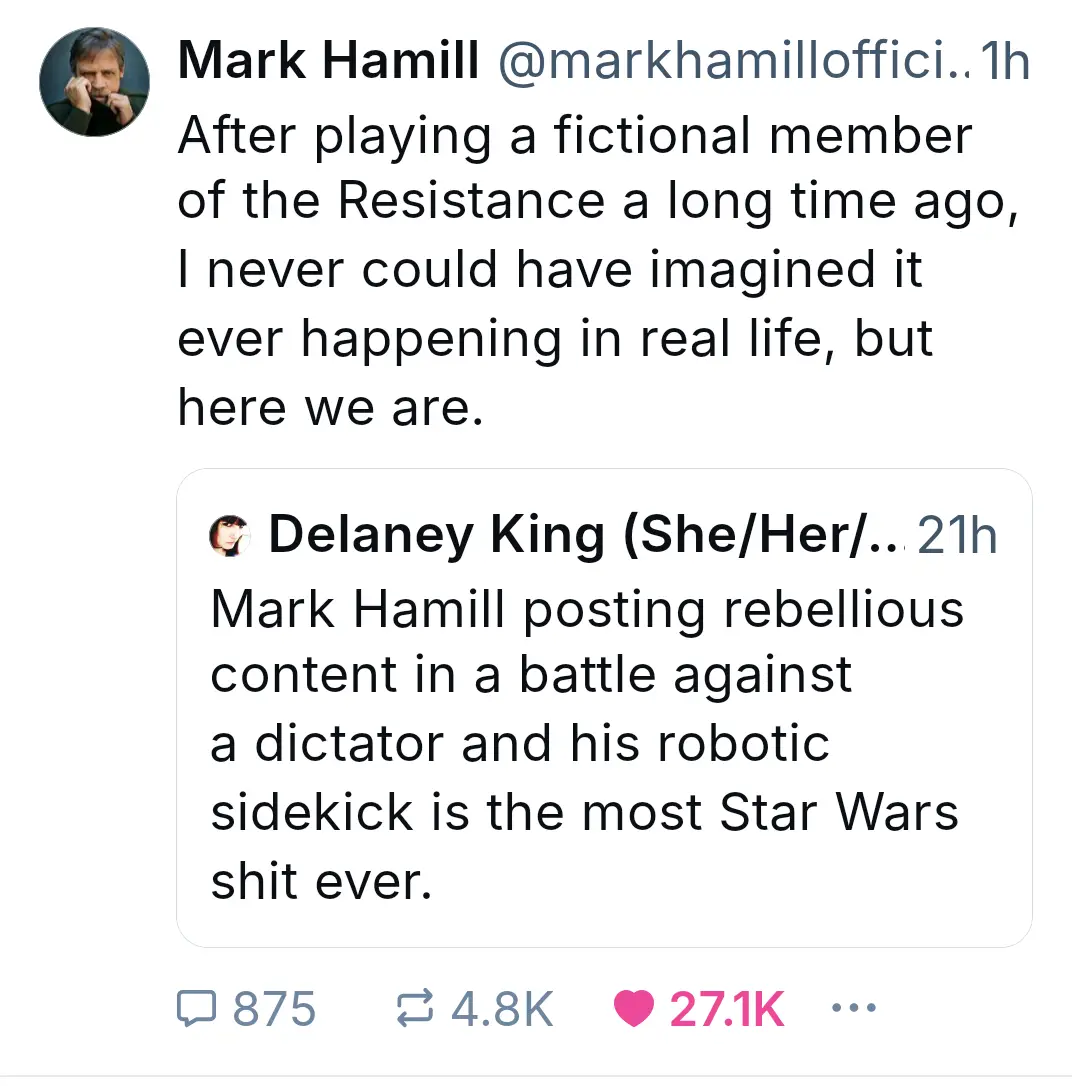 A screenshot of a Twitter thread showing Mark Hamill's tweet about his real-life involvement in a rebellion against a…