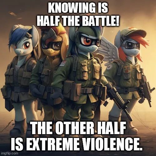 Four anthropomorphic pony characters dressed in military gear, including helmets, vests, and rifles, stand in a line against…