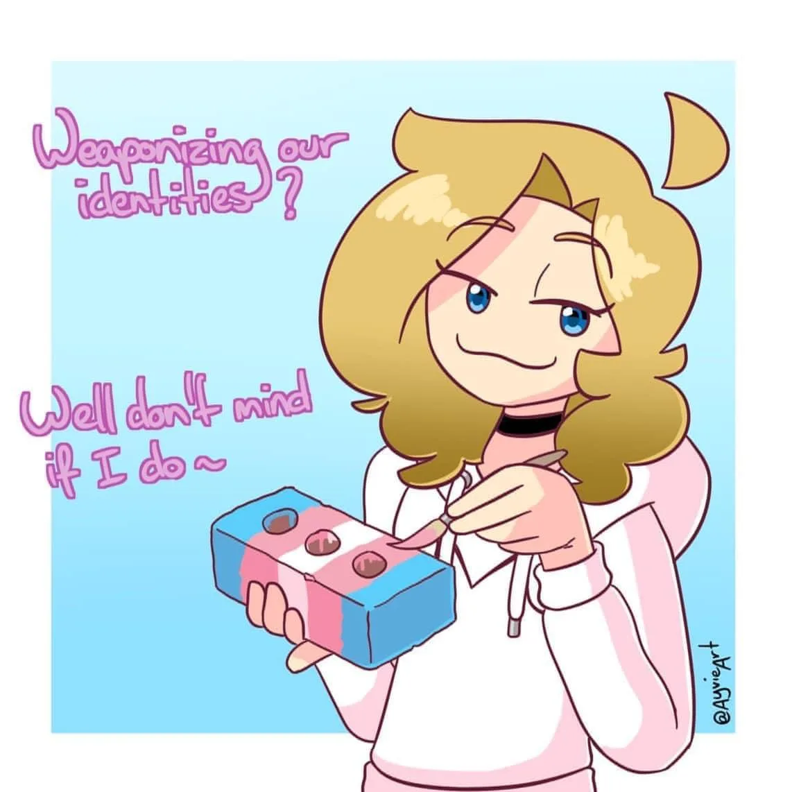 A cartoon girl with blonde hair and cat ears, wearing a pink and white hoodie, holds a box painted with the transgender flag…
