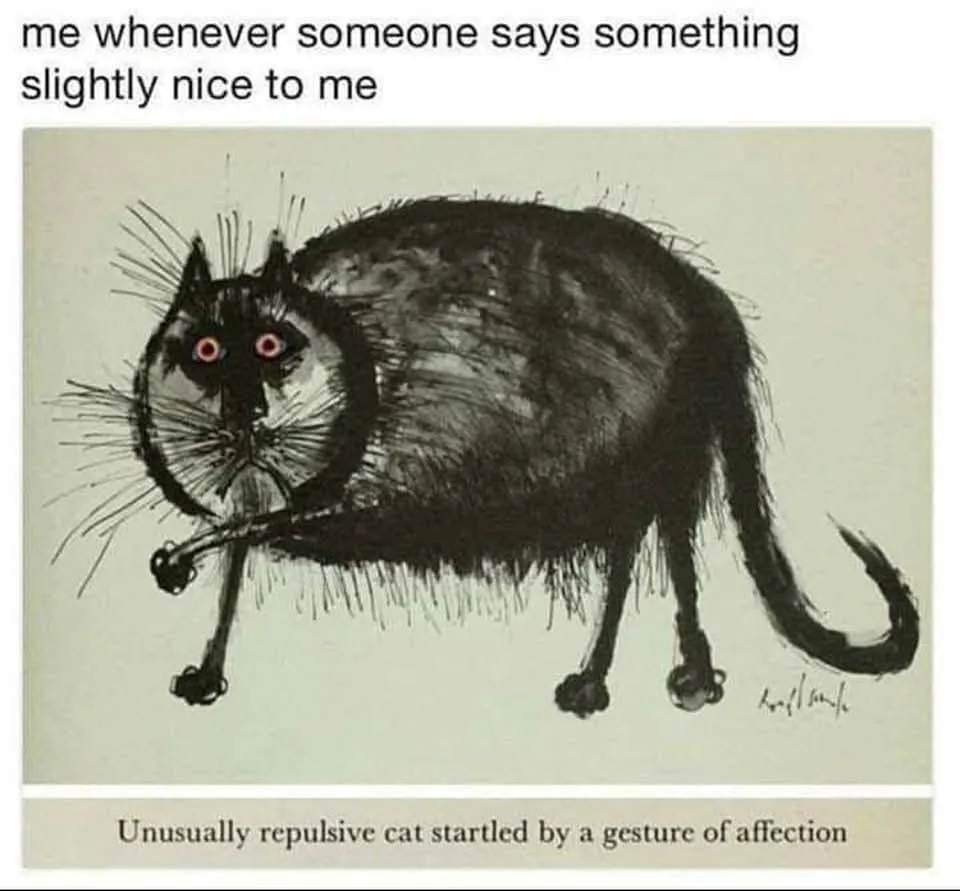 A black ink drawing of a grotesque, startled-looking cat with wide red eyes and spiky fur, standing on its hind legs. The…