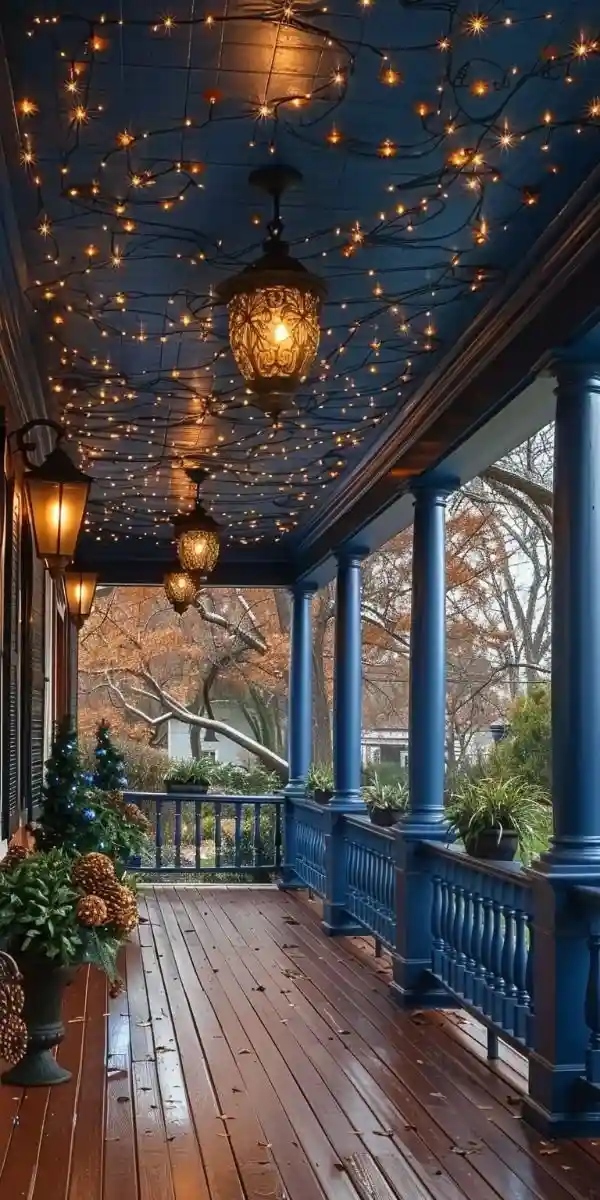 A beautifully decorated porch with a dark blue ceiling and railings, adorned with numerous warm string lights and hanging…
