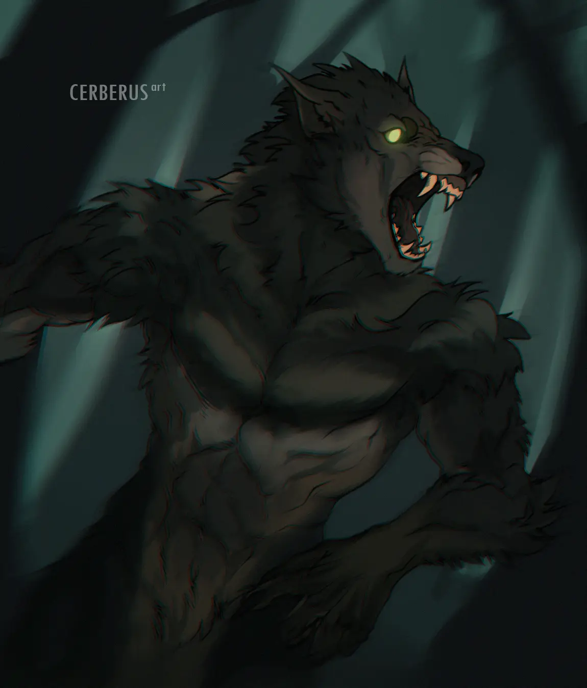 A muscular, anthropomorphic wolf with glowing yellow eyes and sharp fangs roars aggressively, its fur-covered body showing…