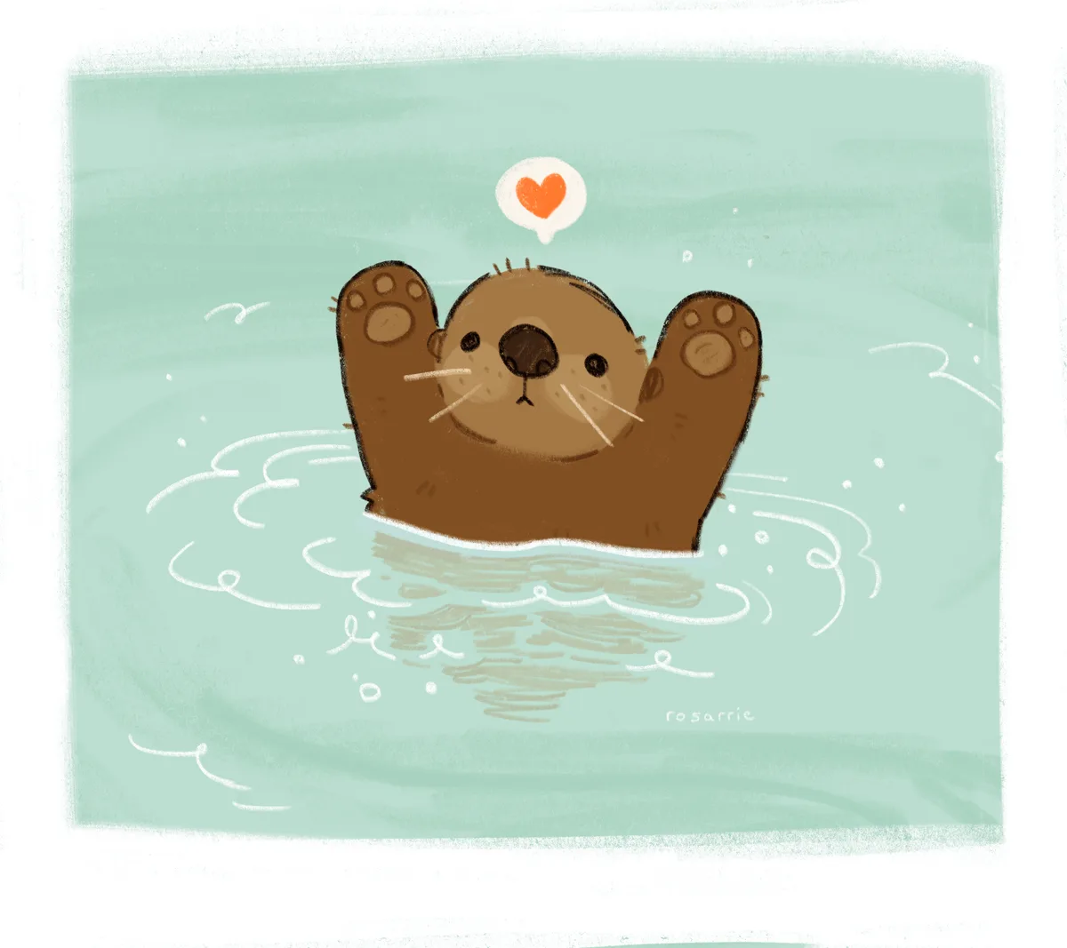 A cute cartoon otter floats happily in light green water with its paws raised, a small orange heart in a white thought…