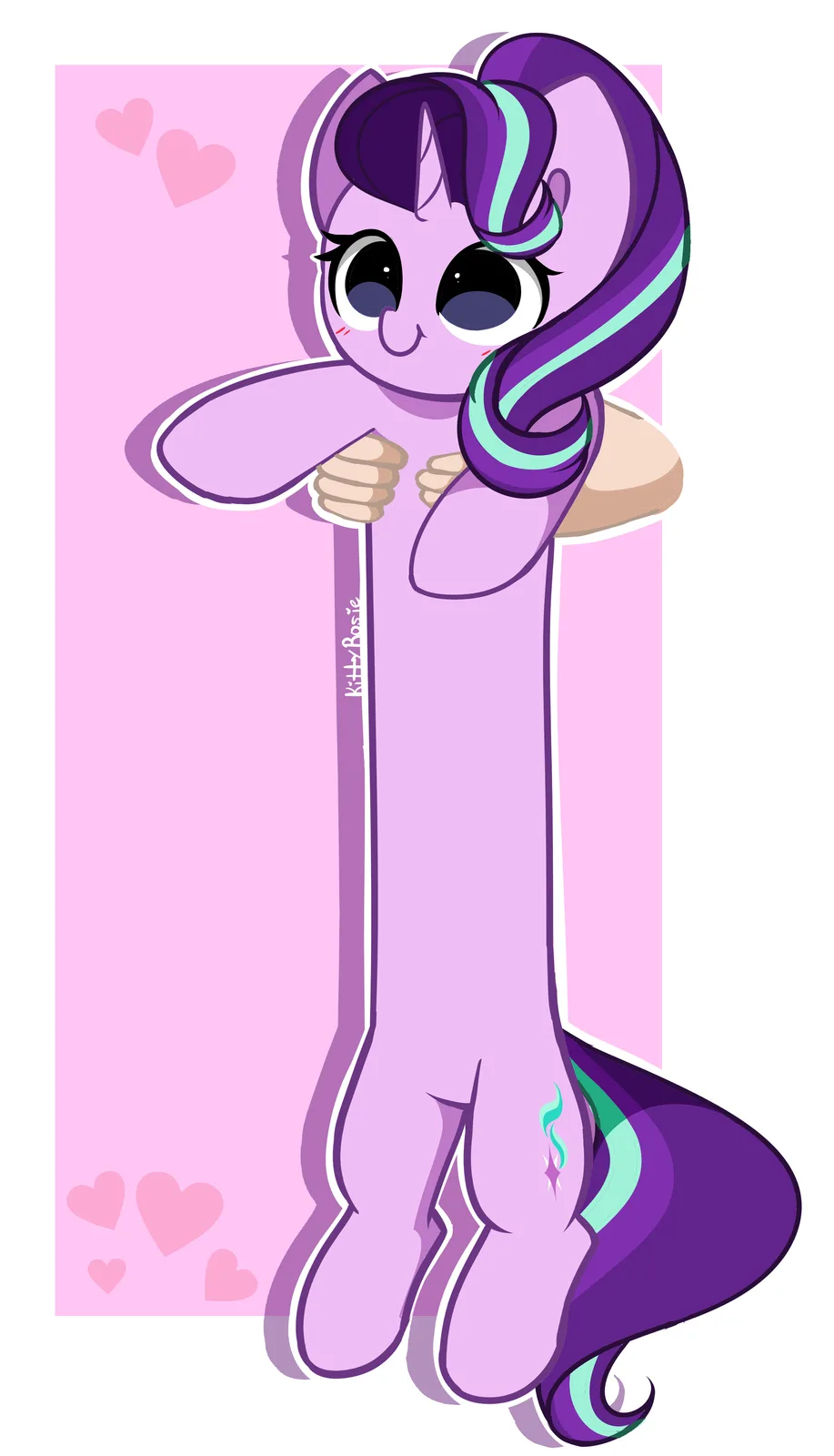 A cartoon pony with purple hair and a pink body stands against a pink background with hearts, holding a long, thin pole that…