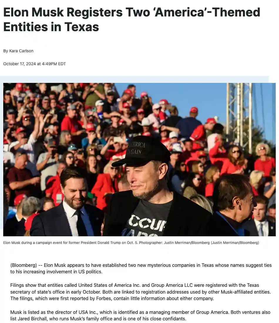 A screenshot of a Bloomberg news article with a photo of Elon Musk wearing a black 'Make America Great Again' cap and a…