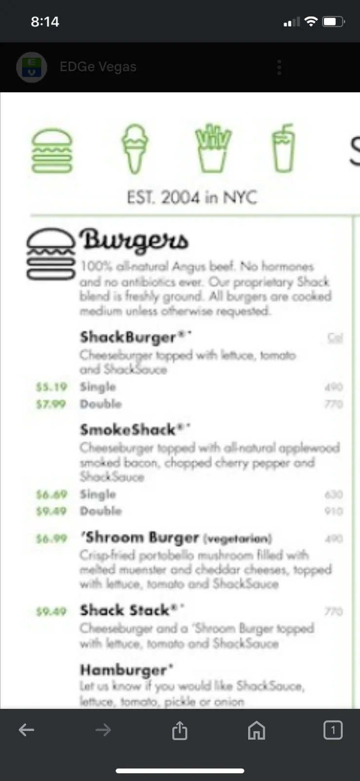 A screenshot of a Shack Burger menu showing burger options like ShackBurger, SmokeShack, and 'Shroom Burger with prices and…
