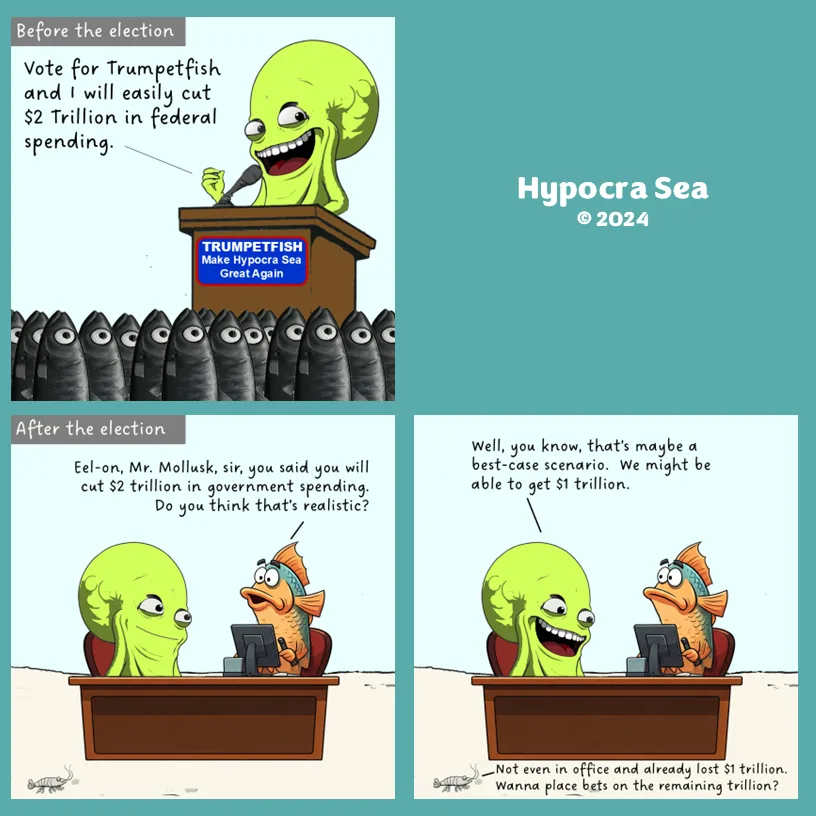 A four-panel comic strip featuring a green octopus-like character named Trumpetfish campaigning for 'Hypocra Sea' with a…