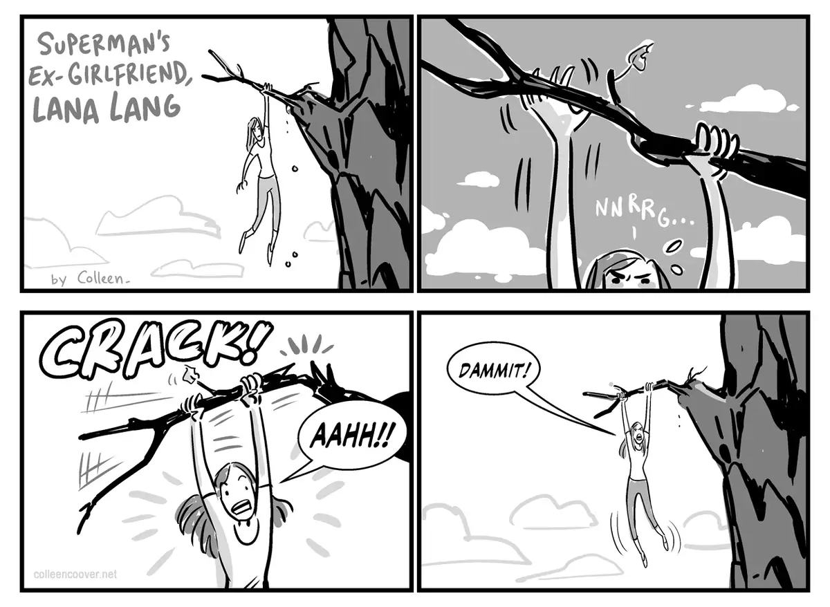 A four-panel comic strip shows Lana Lang, Superman's ex-girlfriend, hanging from a tree branch. She strains to pull herself…