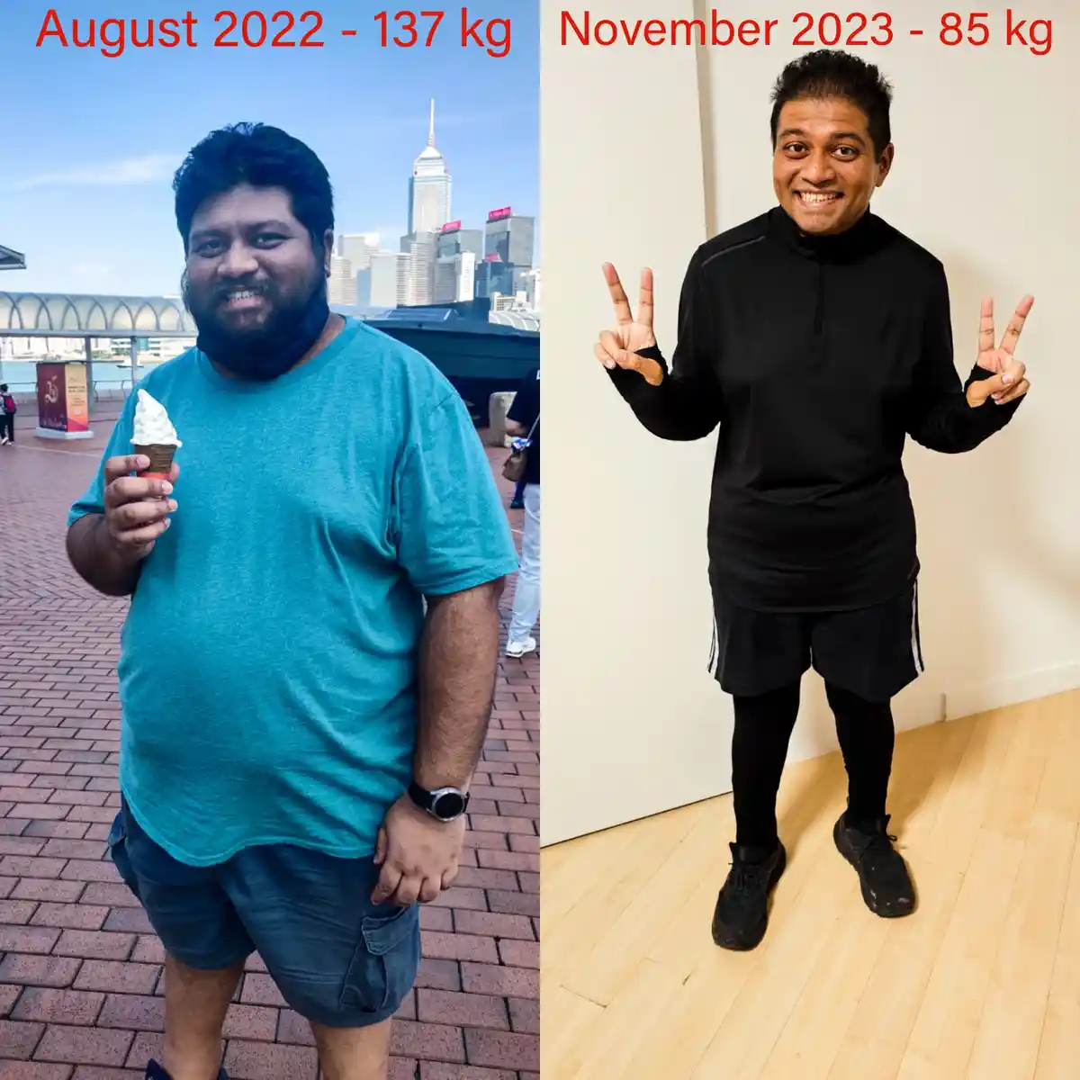 A side-by-side comparison shows a man in August 2022 weighing 137 kg holding an ice cream cone outdoors near a city skyline…