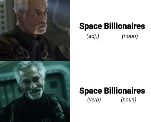 The image is split into two panels. Top panel: A man with gray hair and a mustache, looking serious, labeled 'Space…