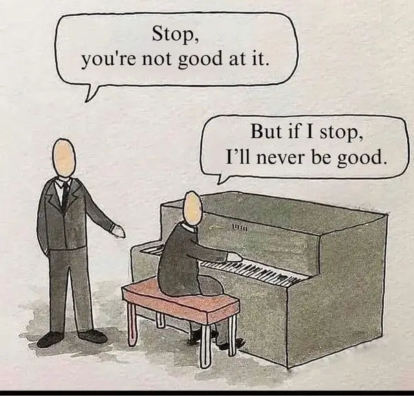 A cartoon depicts a person in a suit standing and telling another person seated at a piano to stop playing, with the seated…