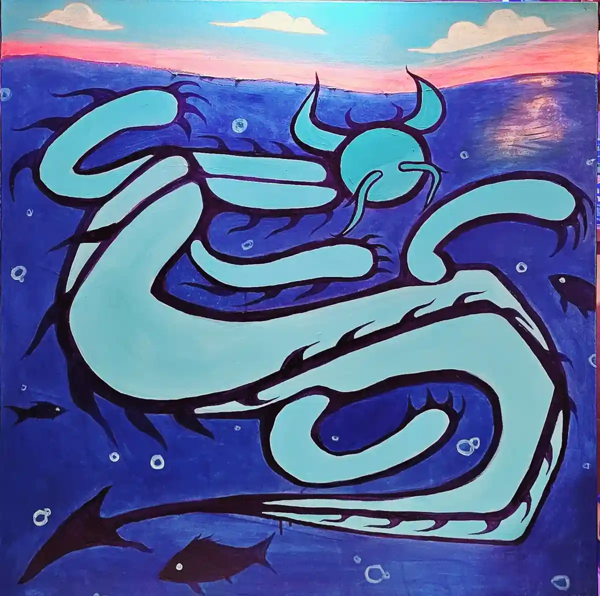 A stylized painting depicts a large, light-blue, serpentine sea monster with horns and claws swimming in deep blue water…