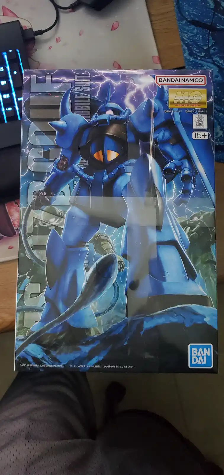 A person holds a Bandai Master Grade Gundam model kit box featuring a blue mobile suit with glowing orange eyes and…