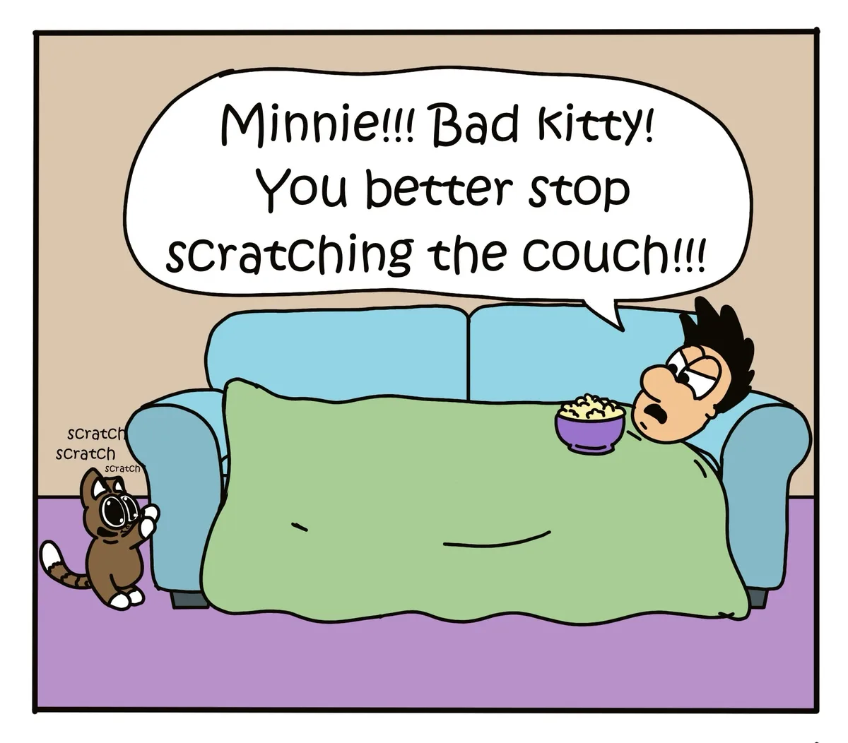 A cartoon man in glasses lies on a blue couch covered with a green blanket, angrily yelling at a small brown cat named…