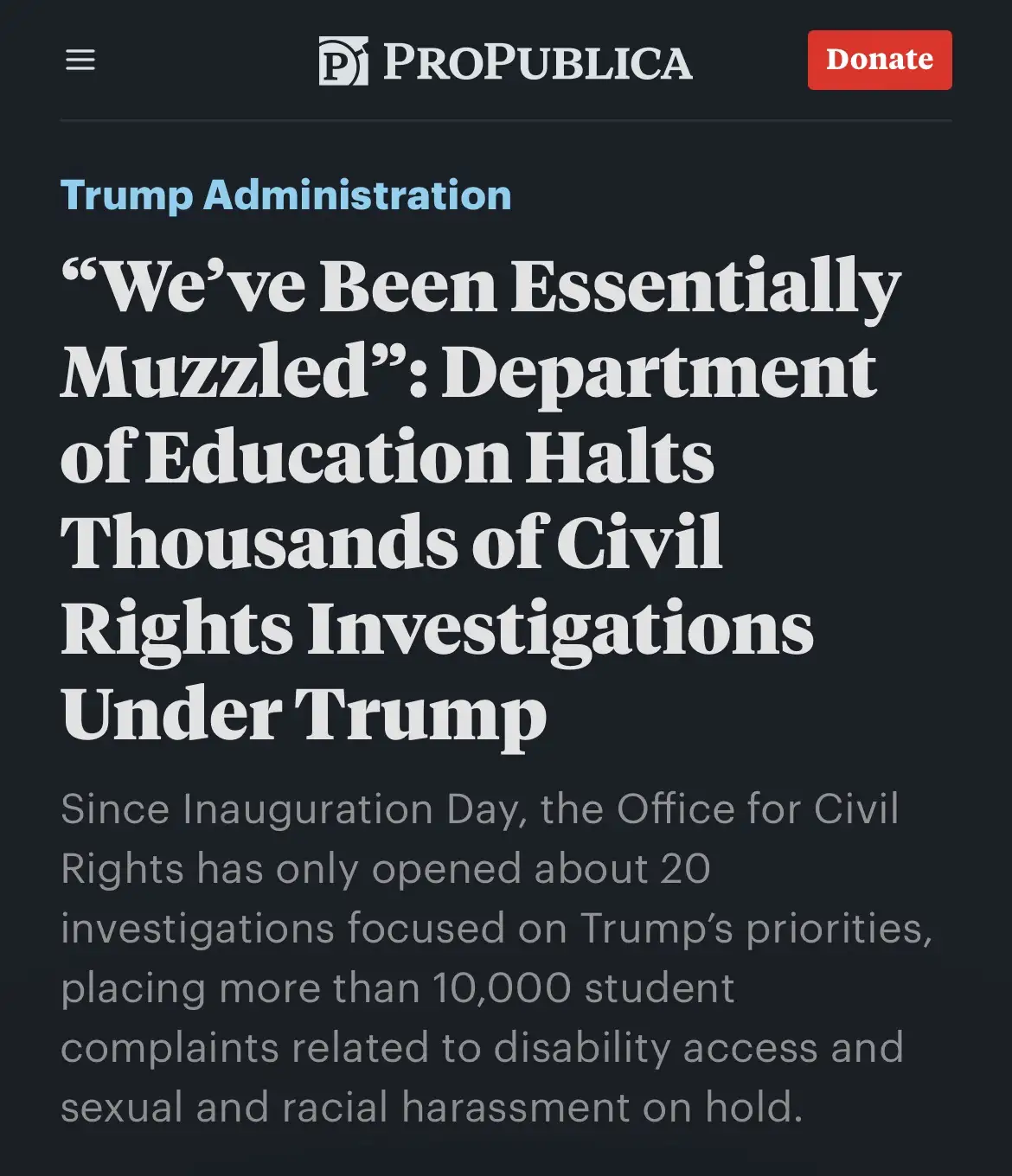 A screenshot of a ProPublica news article headline about the Trump Administration halting civil rights investigations, with…